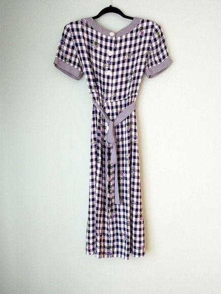 VTG SL Fashions Womens Maxi Dress Sz 6 Petite Blue Plaid Floral Cottage Prairie - Picture 2 of 7